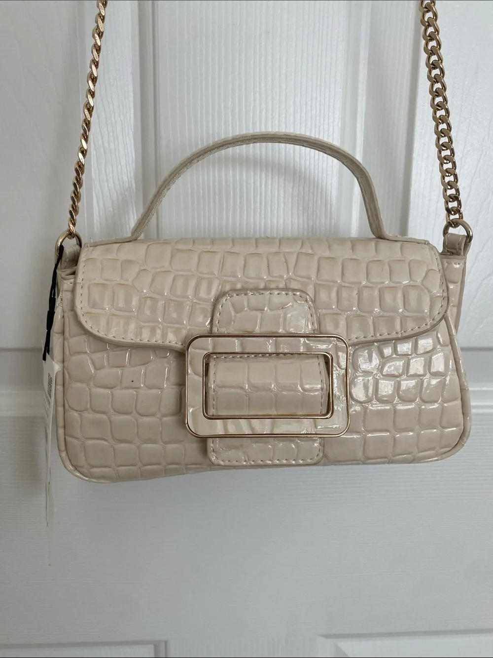 Zara Cream Croc-Embossed Shoulder Bag with Buckle Detail